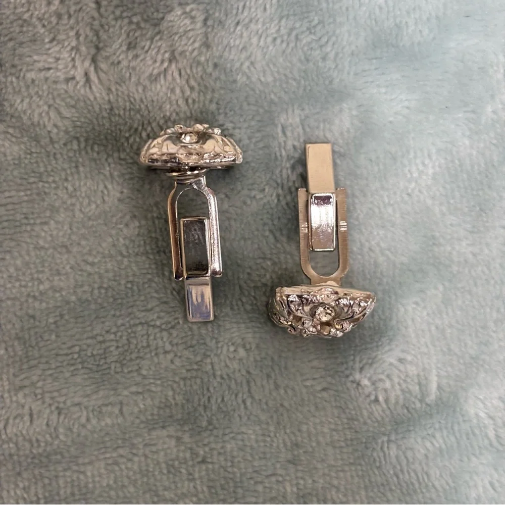 Vintage Silver-Tone Cufflinks Textured Hammered Surface Clear Rhinestones MCM